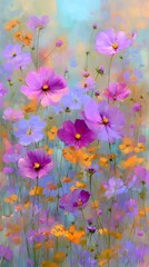 Delicate floral garden of cosmos flowers with soft colors and light background