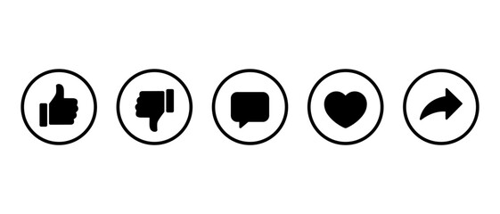 Like, dislike, comment, love, and share icon in circular outline. Thumbs up, down, chat bubble, heart and send arrow symbol