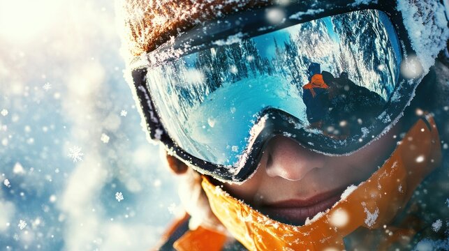 Skier wearing goggles snowy winter - Powered by Adobe