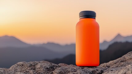 A vibrant orange water bottle rests on a rocky surface, set against a breathtaking mountain sunset.