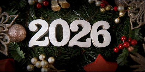 White 2026 numbers surrounded by festive christmas decorations