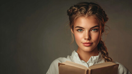 A portrait of a young woman absorbed in a book, radiating intelligence and serenity 
