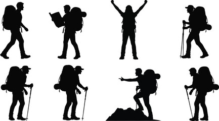 Adventure Silhouette Set – Hiker, Backpacker, and Traveler Vector Icons on White Background