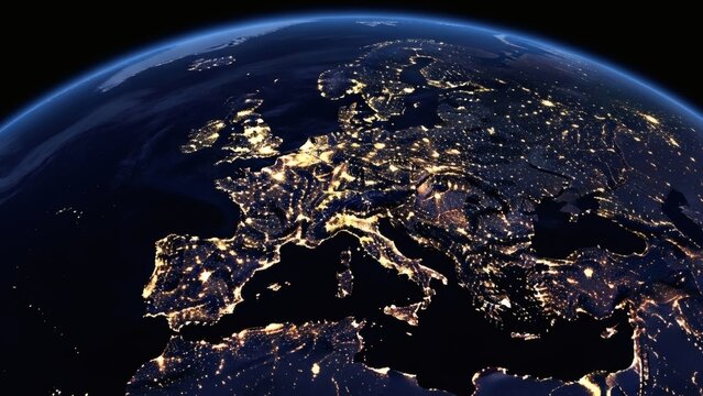 Stunning satellite view of Europe at night, showcasing vibrant city lights across the continent and surrounding seas. - Powered by Adobe