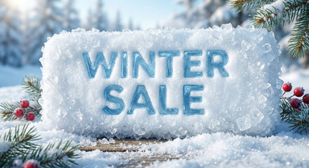 Compacted white snow block with engraved blue text WINTER SALE. Seasonal holiday promotion 3D render with frost texture and pine branches