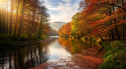 A serene river flows through a vibrant autumn forest, reflecting colorful foliage and the golden sunlight. The scene is calm