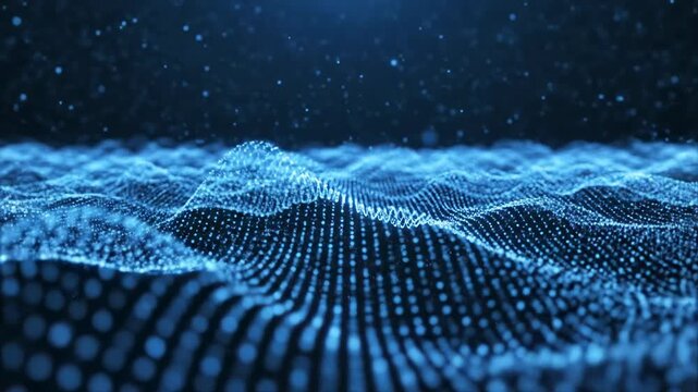 Seamless loop of tiny neon particles forming a vibrant electric blue quantum field visualization etheric, meditation, abstract loop