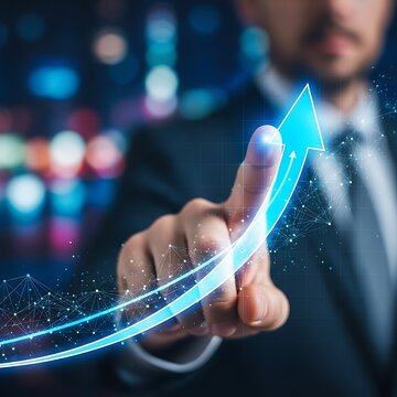 Businessman's finger pointing at a glowing blue arrow indicating growth and success image photo