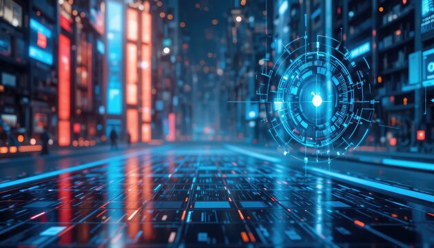 Futuristic city data flow with glowing circuit patterns for technology concept - Powered by Adobe