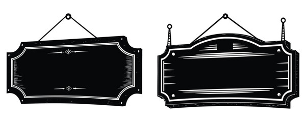 Old-fashioned empty wooden sign, monochrome, 1950s retro aesthetic, hanging on a caf&eacute; exterior