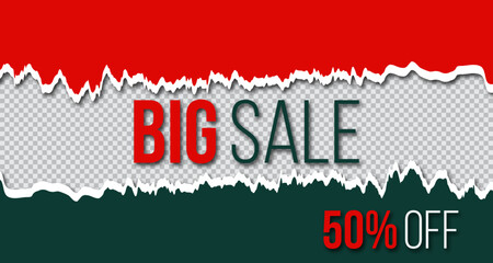 Torn paper Big Sale Offer Banner with green and Red Background for holiday promotions, festive sales, Christmas offers, New Year discounts, and social media marketing ads.