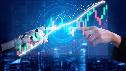 Visual representation of the synergy between human intelligence and artificial intelligence in finance, showcasing upward trends in market data with hands reaching out. Copula