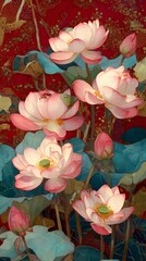 Elegant water lily blossom arrangement with traditional oriental floral background art