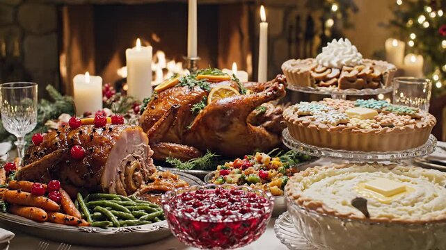 A festive holiday feast displayed on a table with ham, turkey, pies, candles, and a decorated tree
