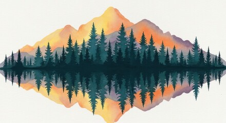 Vibrant mountain landscape with evergreen forest reflected in calm water