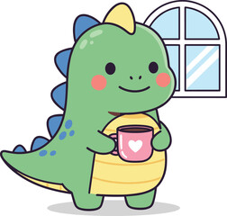 Cute dinosaur character holding a coffee mug indoors near window in cozy morning scene, adorable flat vector illustration artwork