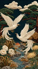 Elegant white phoenixes soaring over a flowing river with a sunset backdrop