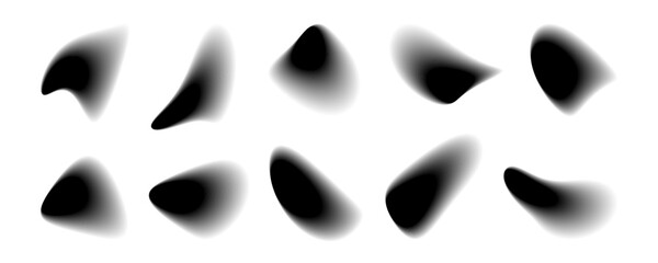 Ten abstract liquid forms appear against a white background. Each form exhibits a smooth, grayscale gradient, transitioning from dark centers to lighter edges, suggesting movement.