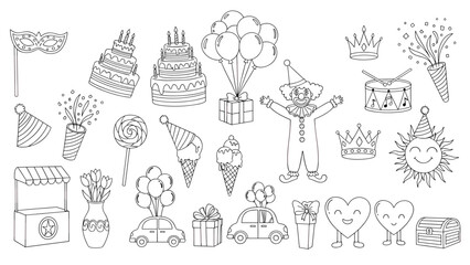 Collection of cute birthday and celebration icons, hand drawn outline style elements for party design, isolated on