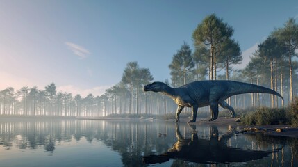 Obraz premium Iguanodon at Lakeside Dawn in Pine Forest