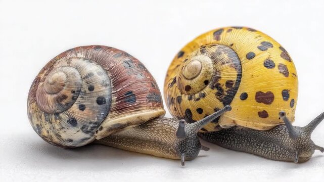 Two garden snails with yellow and brown spotted shells on a light background.