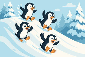 Obraz premium Playful penguins vector: cute winter holiday scene with penguins sliding and enjoying snow