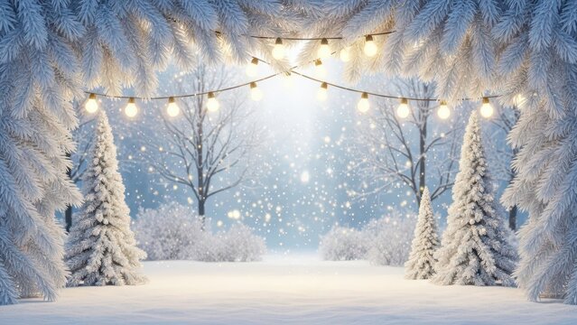 Magical winter wonderland scene with snow covered trees and glowing string lights in a forest