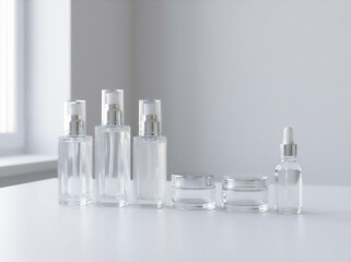 ガラス容器に入ったスキンケア化粧品のミニマルな並び　ホワイト背景と自然光が生み出す清潔感あふれるプロダクト撮影　美容広告・コスメ素材に最適
