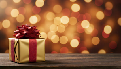 Luxury Christmas gift box with red ribbon on wooden table, warm golden bokeh lights in the background