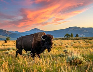 Majestic Bison Grazing in Yellowstone National Park at Sunset.