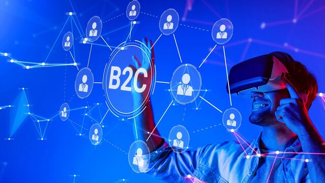 A young man enjoys a virtual reality experience, surrounded by digital connections showcasing B2C interactions, symbolizing modern technology and communication trends. Raster