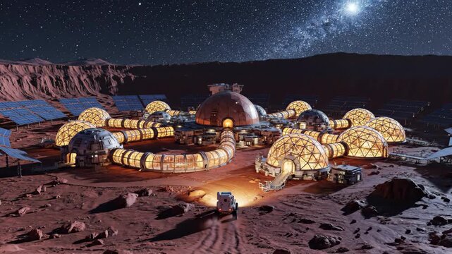 futuristic mars colony with glowing geodesic domes, solar panels on red rocky terrain at night. rover vehicle exploring alien landscape under starry sky. space exploration, science fiction background