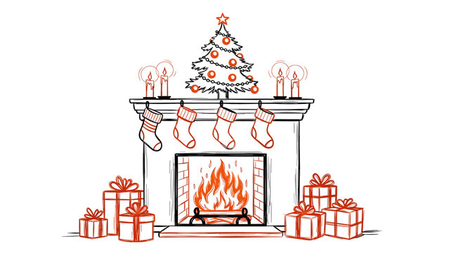 Hand drawn sketch of a cozy fireplace with burning fire, decorated christmas tree on mantelpiece, hanging stocking, and gift box pile, isolated on