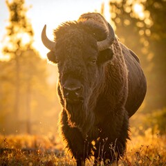 Majestic Bison in Golden Light - A Portrait of American Wildlife.
