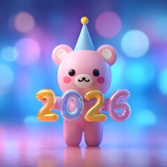 Happy New Year 2026: Adorable White Bear Character with Party Hat and Bokeh Background