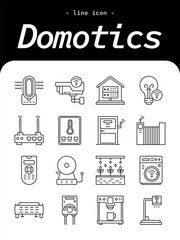 Domotics thin line icon set. Smart home, automation, sensors, security, energy control, and connected device outline icon collection.
