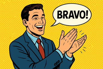Applause celebration scene vector: cheerful bravo pop art expression for success and appreciation