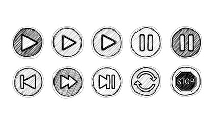 Set of ten hand drawn sketch media player control icons including play, pause, stop, fast forward, rewind, and repeat isolated on © Safa