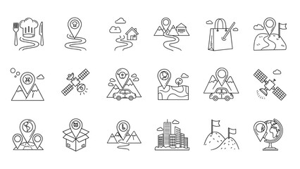 Fototapeta premium Set of 15 handdrawn black and white location and navigation icon symbols for map pin, travel, delivery, and satellite technology, isolated on