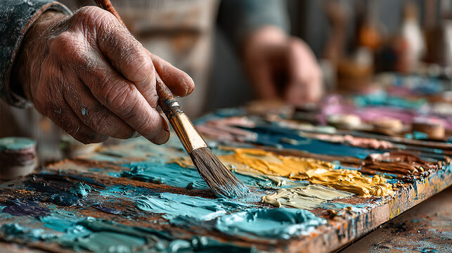 close-up of hands mixing vibrant acrylic paint on a palette knife, thick textured paint strokes, artistic messy tabletop.