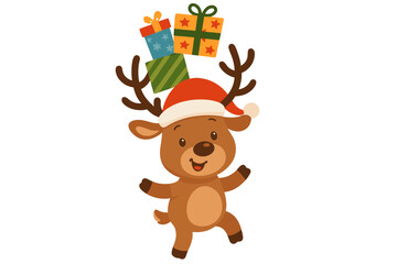 Naklejka premium Festive reindeer vector: holiday season cartoon with balancing gifts and cheerful antlers