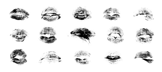 Detailed lipstick prints reveal various lip shapes and textures, enhanced by halftone and noise effects. The arrangement showcases the unique characteristics of each print with artistic flair.