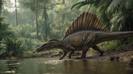 Obraz premium Spinosaurus aegyptiacus Walking Along Riverbank in Jungle