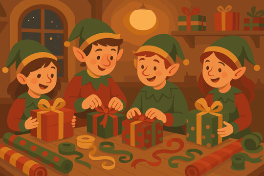 Christmas elves gift wrapping workshop scene | holiday celebrations and festive crafts vector