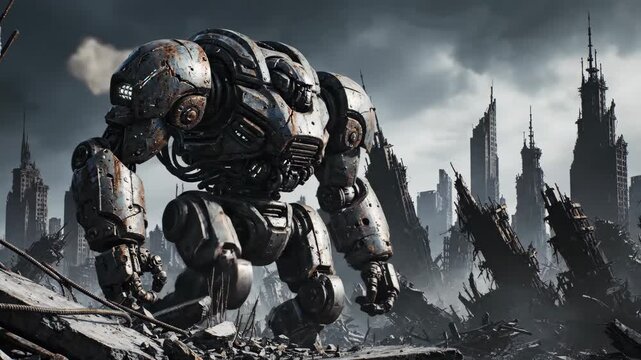 Colossal armored bipedal mech stands amidst city ruins under stormy skies