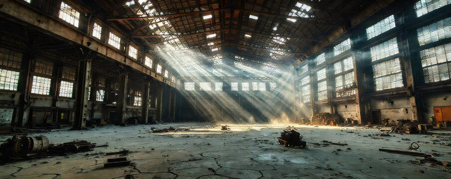 Abandoned industrial warehouse with beams of light highlighting the dusty floor and crumbling walls at dusk - Powered by Adobe