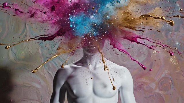 White mannequin's head exploding into a vibrant cloud of colorful powder and liquid splashes, symbolizing burnout, stress, digital chaos, and an overwhelming burst of information or creativity