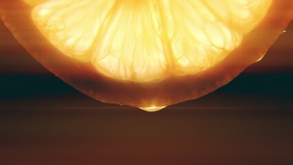 Lemon slice drop juice backlit illuminating macro
