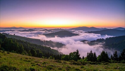 A beautiful scenic landscape of mountains with clouds and trees at sunrise. The sky is filled with vibrant colors.