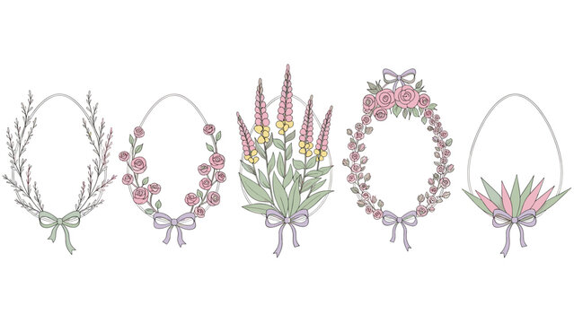 Collection of five delicate floral wreaths and bouquets with pastel colors and ribbon accents, isolated on